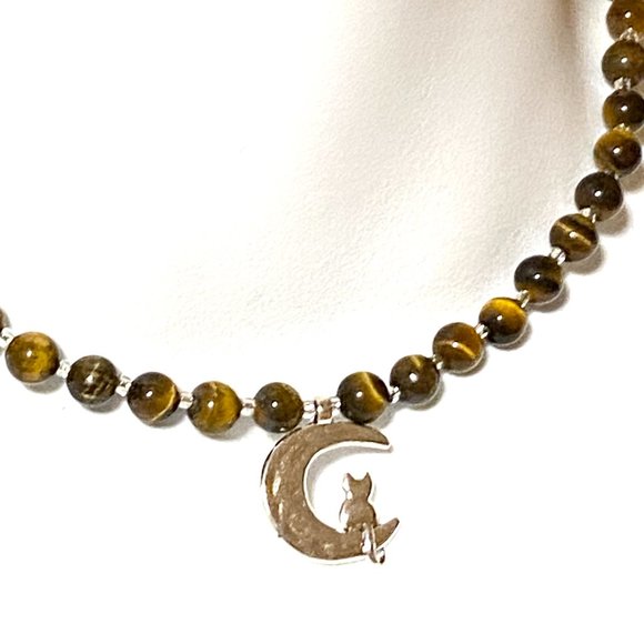 Tigers Eye Silver Cat on the Moon Necklace, Genuine Gemstone Beaded Necklace - Picture 4 of 10